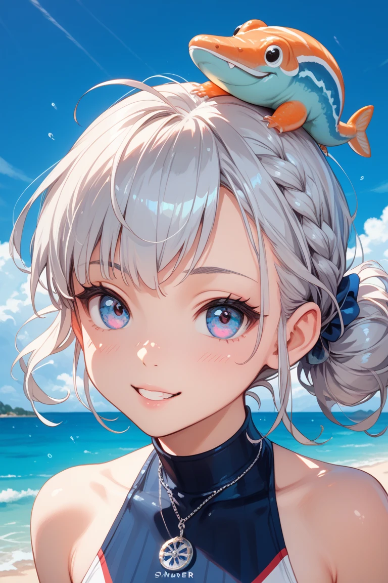 1girl in,Light Sver Medium Hair,Tying hair,Light blue eyes,Beach,Swimsuit,Cute,blush,medium breasts,cumulonimbus clouds,Best Quality++,Highest Quality++