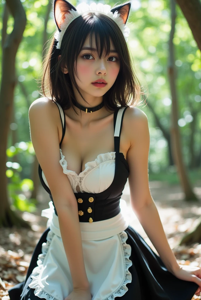 masterpiece, highest quality, High resolution, Cat ear, Black Hair, Castle Background, Green Eyes, Sit on a bench