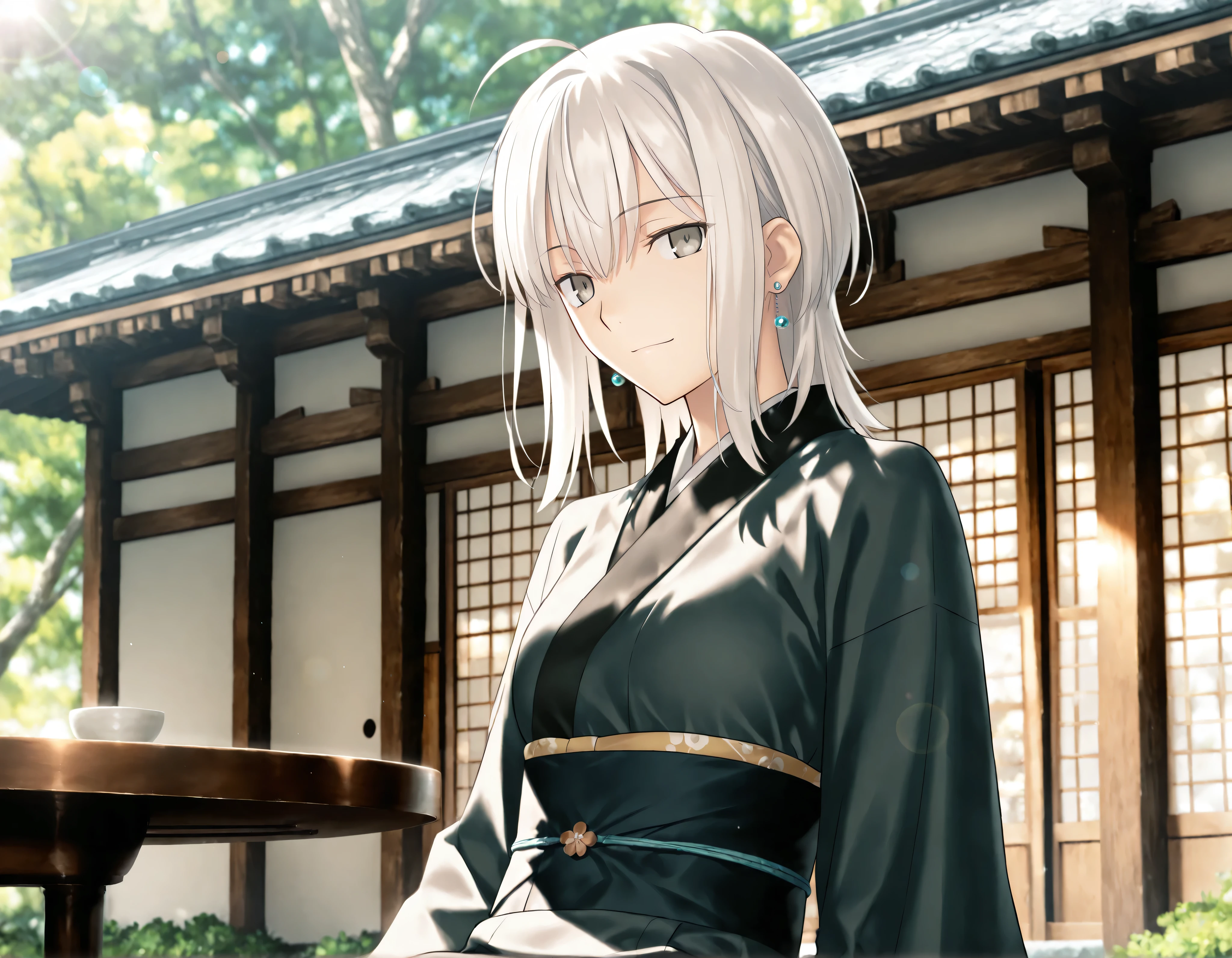 masterpiece, , absurdres, highres, detailed background, high resolution, masterpiece, necessary, detail, best quality, quality, necessary, details, High details, Precise, 8k, outdoors,(japanese garden),dark lens flare, blurry background, from below,
1girl, , koyama hirokazu (type-moon) style, ,Takeuchi Takashi style, (aged up),(upper body), ,(), sitting, , blue pierced earrings,
very tall girl, (slender body, slim arms, slim body), solo, long sidelocks, table, , , ,
((wolf cut hair)), white hair, medium hair, gray eyes, half-closed eyes, jitome ,bangs, hair between eyes, ahoge, ,(kimono, dark green kimono, long sleeve, ), ,(small breasts),(looking at viewer), light smile, , ,
