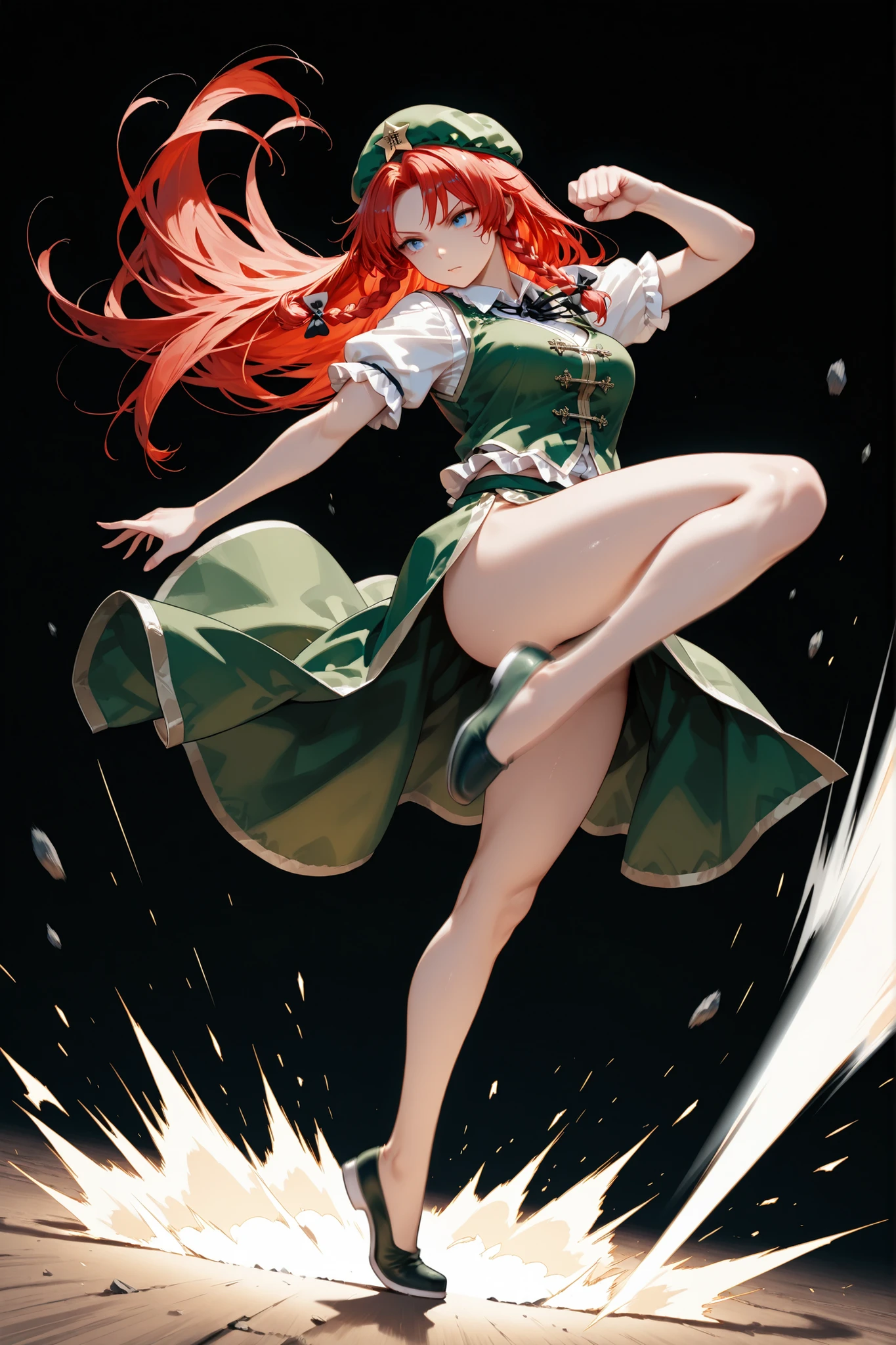 1girl(hong meiling(touhou)), red hair, long hair, twin braids, braid, blue eyes, hat, hat ornament, star hat ornament, shirt, white shirt, short sleeves, vest, green vest, chinese clothes, skirt, green skirt, full body, legs, thighs, kicking, flying kick, solo, BREAK, simple background, black background, BREAK, low angle, dynamic pose,dynamic angle,(motion blur:1.3),
BREAK, soft colors composition,Light color composition,finely detail,semi realistic,stunning,clear picture,intricate details,extremely detailed CG unity 8k wallpaper,stunning,clear picture,masterpiece,best quality, highres,