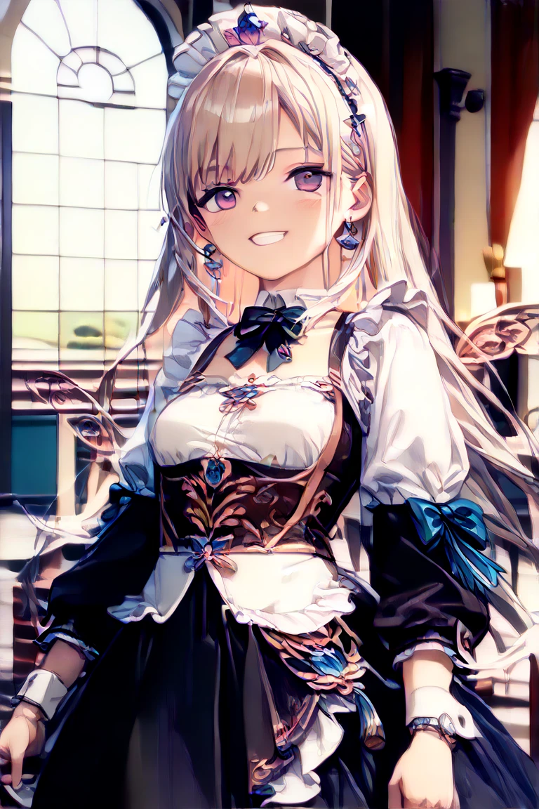 (Masterpiece: 1.2), Best Quality, (Illustration: 1.2), Eye Focus, (Ultra Detailed), Ultra Detail, (Fine Detail), (Intricate Detail), (Cinematic Light, Best Quality Backlight), Clear Lines, Solo Female, Solo Female, Perfect Figure, (1 Girl), High Contrast, (Best Lighting, Extremely Delicate and Beautiful), ((Cinematic Light)), Powerful, Absolutely Striking, Dynamic Angle, Gorgeous Background, cute Teeth, Open Mouth, mischievous smile, close-up, depth of field, close-up of a long-haired character. A cute tongue sticks out of the mouth, long hair, big breasts, short sleeves, dress, bare shoulders, braids, porcelain clothes