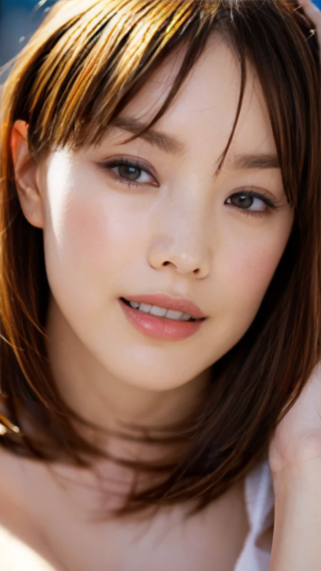 (RAW Photos, highest quality), (Realistic, Photorealistic:1.3), masterpiece, Very delicate and beautiful, Soft night light, (Brown Hair, Long Hair, bangs), Beautiful detailed girl, (Detailed fingers), Highly detailed eyes and face, Beautifully detailed nose, Beautiful fine details, 1 girl, Japanese, Pure beauty, cute, young, smile, No clothes, (Large Breasts), Realistic face, Realistic body, whole body, naked, big breast, Firm stomach, The background is a hot spring at night
