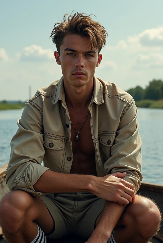 ((in Thomas_Eakins+Jean-Baptiste_ Camille_Corot+leng_jun art style)) style 20 years old man, shirtless, barefoot, beautiful, 20 years old man, shirtless, barefoot, beautifull, gorgeous, perfect realistic detailed muscles, muscled legs, adorable face, taller, masculine gaze, confident look, soft perfect white skin, barefoot, blue eyes, perfect anatomy, portrait, a painting of a young man , He stands by an orange land rover car, with a intense yellow mansion on the background , morning light,