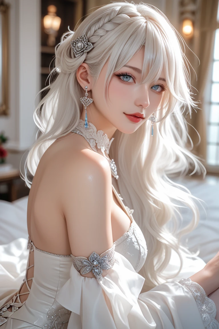 (masterpiece, highest quality, highest quality, official art, beautiful and aesthetic: 1.2), (one girl: 1.3), wavy long hair, white hair, Cat ears on the head,highly detailed portrait, highly detailed hands, looking at the viewer, alone, (whole body: 0.6), detailed background, close, shining eyes, (cold arctic winter theme: 1.1), fortune teller, Charlatan, grin, Mysterious, sitting at the table, カラフルな肩のないゆるいジプシーfortune tellerの服, holy grail, tarot cards, Crystal jade, Medieval (inner tent: 1.1) background, tent curtain on background, dark Mysterious lighting, Shadow, magical atmosphere, starry night, dutch angle, healing and guidance, transcendental beauty, fractal art, Seaweed,