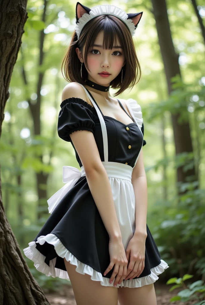 ((of the highest quality, 8K, masutepiece: 1.3, Raw photo)), Sharp Focus: 1.2, (1 AESPA Girl :1.1), Solo, (Realistic, Photorealistic: 1.37), (Face Focus: 1.1), Cute face, hyperdetailed face, (short messy hair: 1.2), Small Smile, Small breasts, flat chest, nude, (dirndl: 1.5), ((ruffle-skirt, multilayer-skirt):1.32), show panties, from below, wind, Thigh, cafe, bar, lily