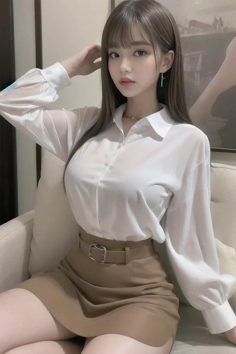 ((best quality, 8K, masterpiece :1.3)), 1 woman, whole body, beautiful woman, hidden face, very detailed face, very detailed eyes, double eyelid, long hair, black hair, face slimming, big bust, white long sleeve dress shirt, black short skirt, office,