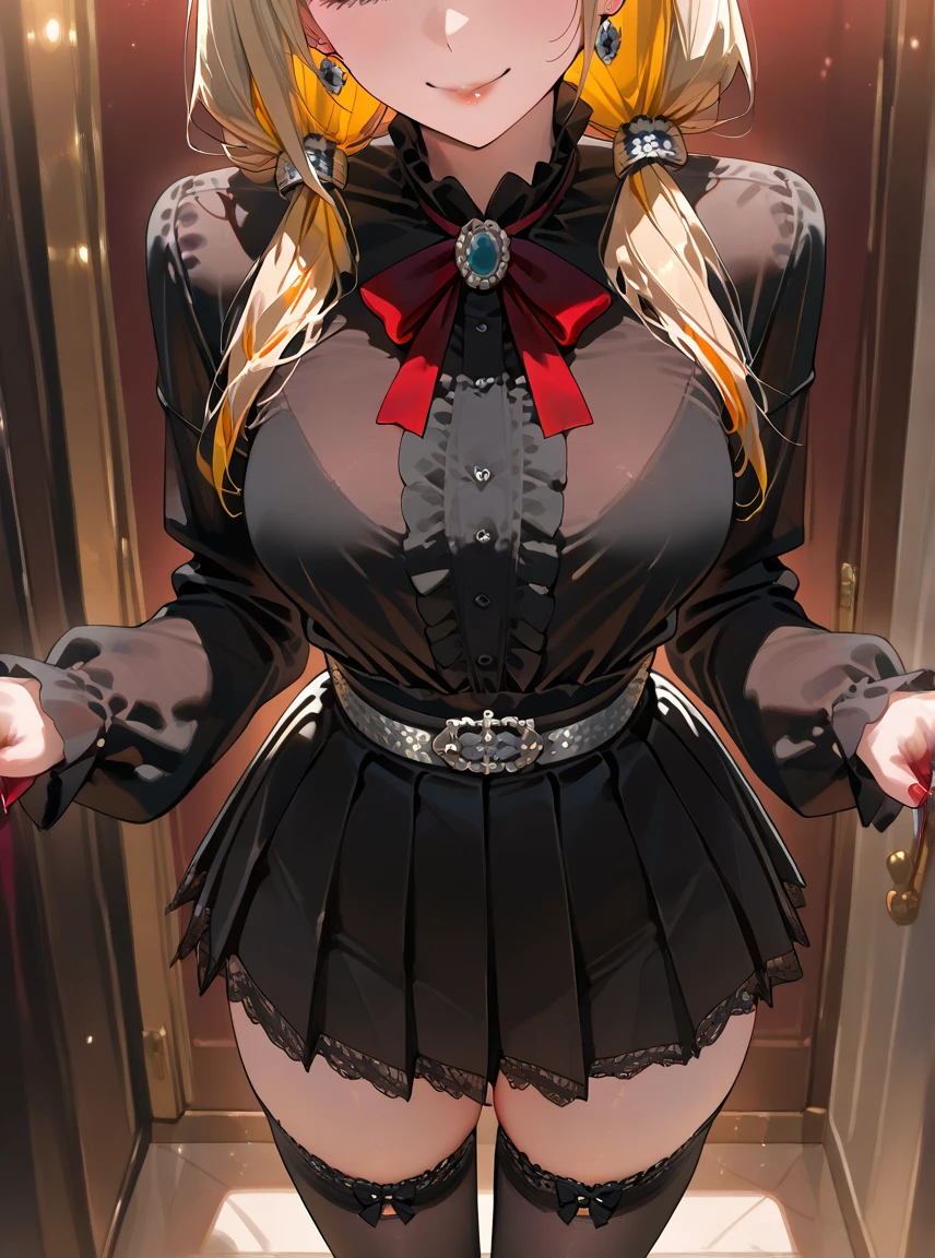 top-quality、Top image quality、masterpiece、teens girl((18year old、 Ager、Best Bust、Medium bust,wide open breast tea、Golden Eyes, a blond、poneyTail、A slender,Highest valley、black vampire skirt、vampire makeup、Black wings、White powder makeup、red nail polish、Goth Loli Fashion、vampire teeth、Black underwear、claw pose、Open your mouth wide to the maximum、Spinning Pose、holding the mic、Leaning forward)),hiquality、Beautiful Art、Background with((Night Live House、red laser light、Blue laser light、random laser points、Virtual space)),masutepiece、depth of fields、movie、visualart、Perfect Art、POV POV Perspective