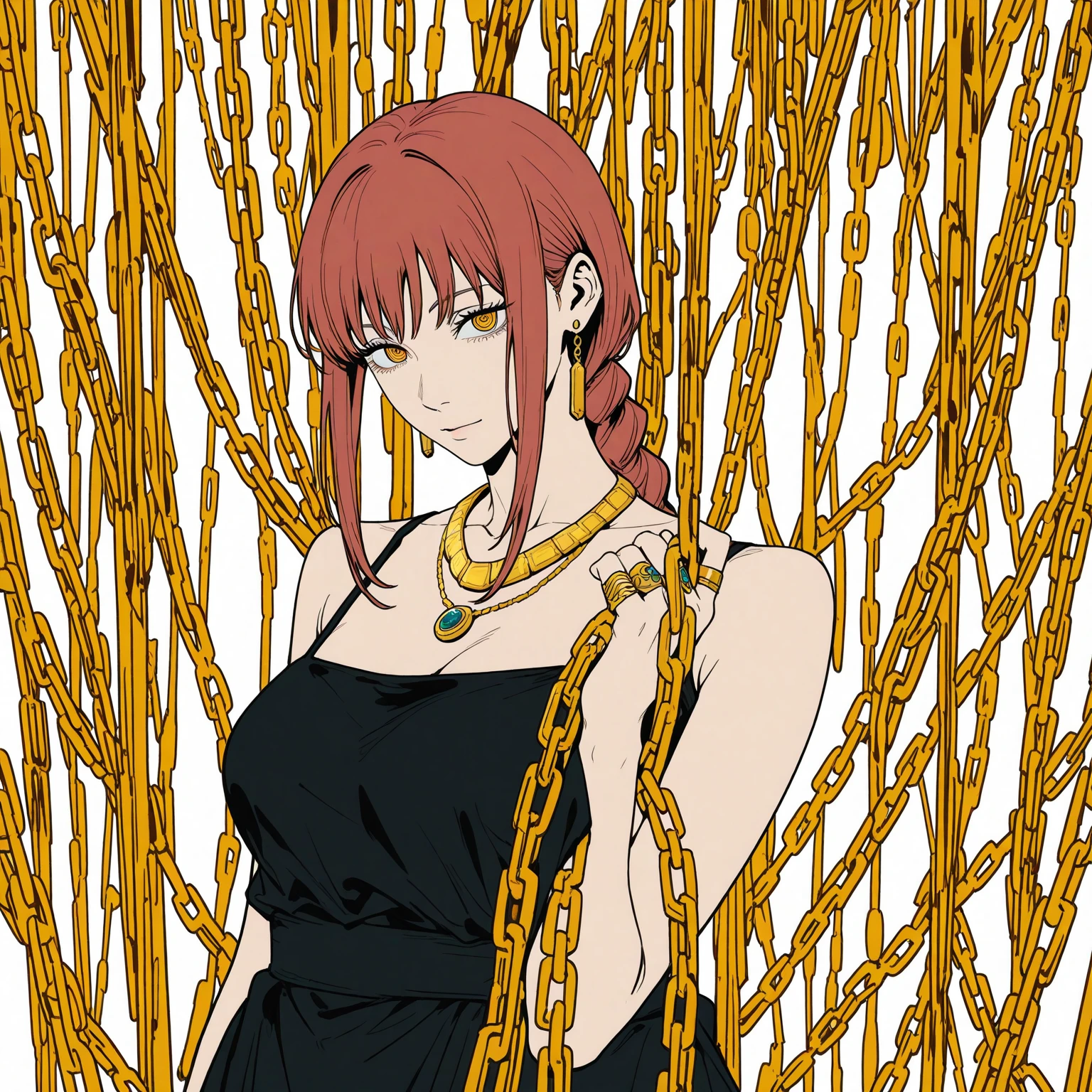 makima (chainsaw man), best quality, ultra detailed, 1girl, solo, standing, red hair, long braided hair, golden eyes, bangs, medium breasts, white shirt, necktie, stare, smile, (evil:1.2), looking at viewer, (interview:1.3), (dark background, chains:1.3)Negative prompt: (worst quality, low quality:1.4), border, frame, (large breasts:1.4), watermark, signature Size: 512x910, Seed: 1058708816, Model: meinamix_meinaV9, Steps: 20, Sampler: DPM++ SDE Karras, CFG scale: 7, Model hash: eac6c08a19, Hires steps: 10, Hires upscale: 2, Hires upscaler: 4x-AnimeSharp, Denoising strength: 0.5