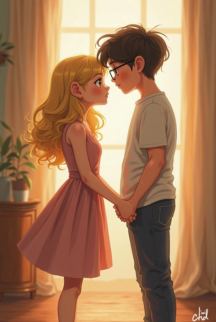 A beautiful sixteen years old teenage girl and a sixteen years old teenage boy looking at each other standing away apart from each other. The girl has fair complexion and long blond hair with hazel eyes. She is wearing a light yellow dress with round puffy sleeve. The girls dress is long. The boy is fair complexion and dark brown hair. He is wearing a light blue formal shirt and black trousers.