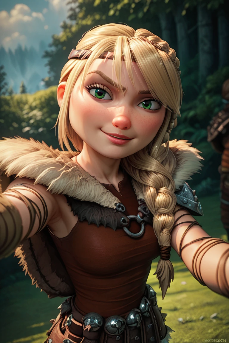 astridhofferson, 1girl, solo, blue eyes, braid, blonde hair, looking up, parted lips, hair over shoulder, upper body, single braid, from behind, gloves, outdoors, fur trim, facing away, blurry, armor, long hair, circlet, shoulder armor, pauldrons, smile, portrait, teeth, weapon, axe, pov, photo background, headband, open mouth, looking at viewer, bangs, hood, holding, holding axe, boots, standing, hand on hip, hands on own hips, freckles, head rest, boy, brown hair, sitting, grass, short hair, looking at another, hyur, male focus, profile, facial hair, closed eyes, helmet, helmet removed, green eyes, closed mouth, solo focus