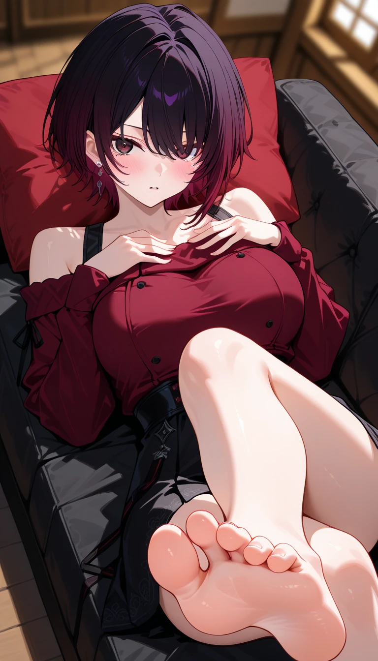 1girl, perfect face, high quality, horny face, wears black tank top, white long hair, short skirt, sitting on sofa, ((extra boobs)), armpit lift, more details