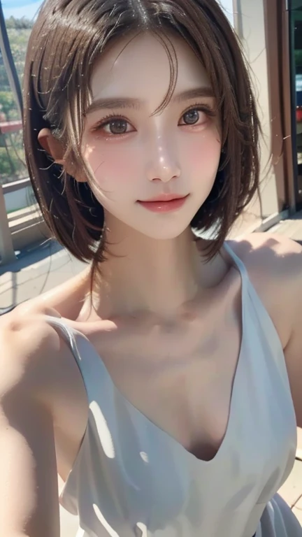 One beautiful girl、Long silky brown hair with a short bob haircut, Highly detailed and realistic face and skin, Subtle lighting, Ultra-realistic 16k close-up of human skin, Perfect pores and natural skin texture, Healthy glowing skin, even skin tone, Natural light and color,collared dress, nude, from below、cowboy shot、