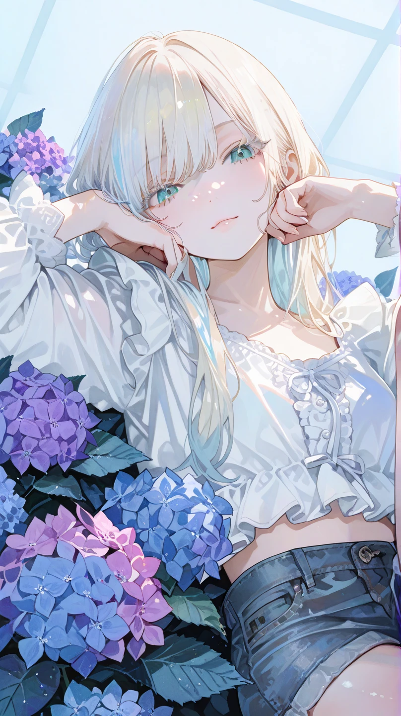 (water photo:1.1,simple t-shirt, in blue waterfront garden:1.5), Masterpiece, best quality, (very detailed CG unity 8k wallpaper), (best quality), High definition RAW color art, Animation,sculptures, (black Marble Skin), (((Ultra detailed elegant))), Magical atmosphere, Detailed skin, Texture,(Intricately detailed, Fine detail, ultra-detail art), depth of fields, bokeh, Silky Touch, Hyper Detail, beautiful eyes, Elegant Face, (lying on pastel white waterfront, morning glory), sparkle background, enormous breast:1.3, (silver hair), pastel purple, embarrassing smiley face, wide open udder, guitar, overall