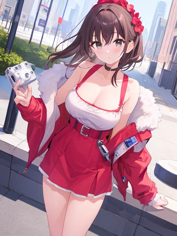 a cartoon female who is wearing a santa outfit while riding a bicycle, 1girl, solo, underwear, santa hat, santa costume, brown hair, panties, hat, white panties, christmas, breasts, open mouth, snow, blue eyes, smile, large breasts