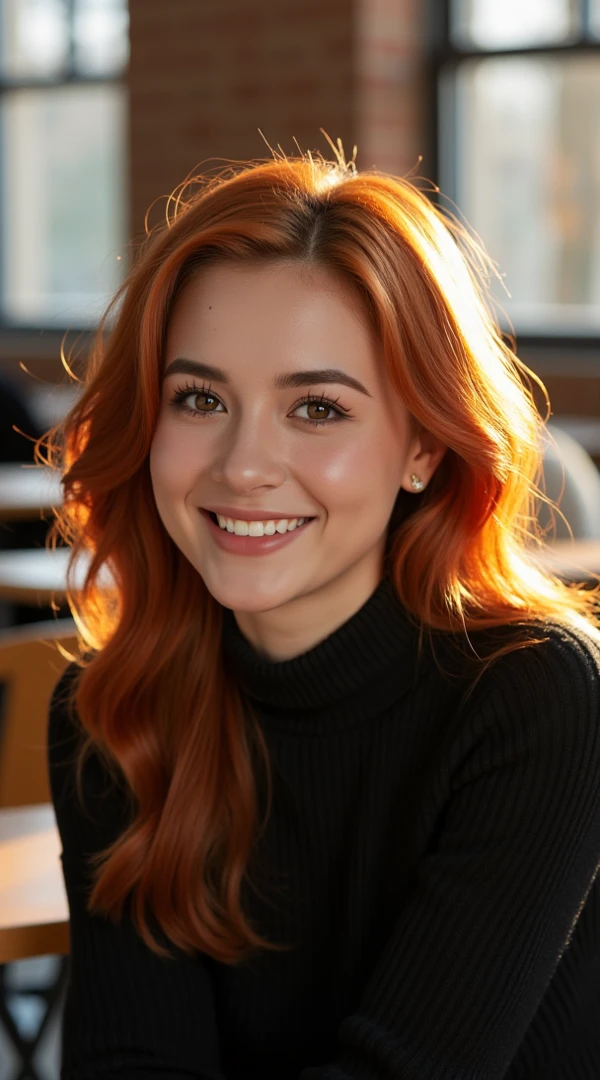 A beautiful b3ll4t woman,1girl,solo,long hair,looking at viewer,smile,(((red hair))),brown eyes,upper body,teeth,grin,sweater,lips,realistic,red sweater,soft lighting, professional Photography, Photorealistic, detailed, RAW, analog, sharp focus, 8k, HD, high quality, masterpiece<lora:b3ll4t:1.0>