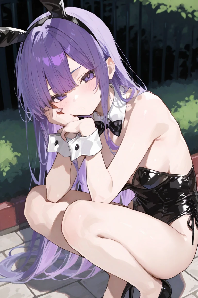 masterpiece, Best quality, 1 girl, purple hair, long hair, eye patch, Purple eyes, succubus