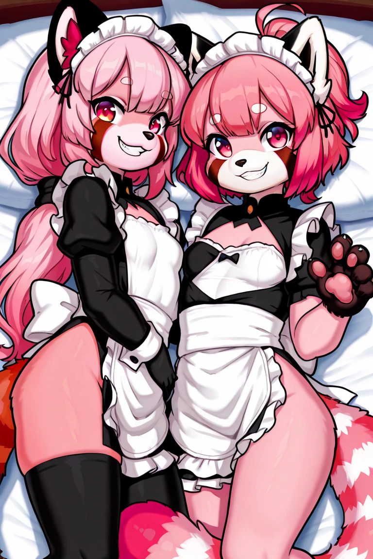by zackary911, (coffeesoda:1.1), hioshiru, zackary911, puro, anthro, futanari, duo, fur, 2022, lidded eyes, maid outfit, cat maid, large breasts, black skin, black gloves, thigh high socks, collar, tail bow, large purple knot, gigantic balls, huge genitals, watery genitals, hugepurplecock, largedick, presenting, whitecum spewing from hugepurplecock, shoving hugepurplecock in others face, puroblowjob,