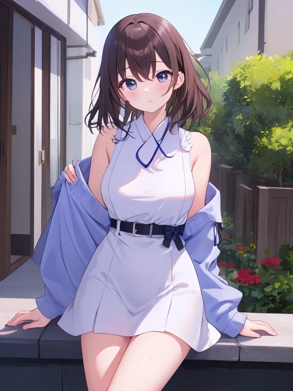 ((masterpiece, Highest)), (One girl), (Mature Woman), Brown Hair, Exposing the chest，White shirt, sprawled out, (office lady), bangs, Small breasts, slim, smile, [Wide Hips], office, Are standing, got it  (Blue File), 8K quality, Sexy seduction，((Highest品質)), (Very detailed), (High-definition CG synthesis 8K wallpaper), 高いly detailed, 高い-definition raw color photos, Professional photography, (((Bokeh))), Written boundary depth,Beautiful legs