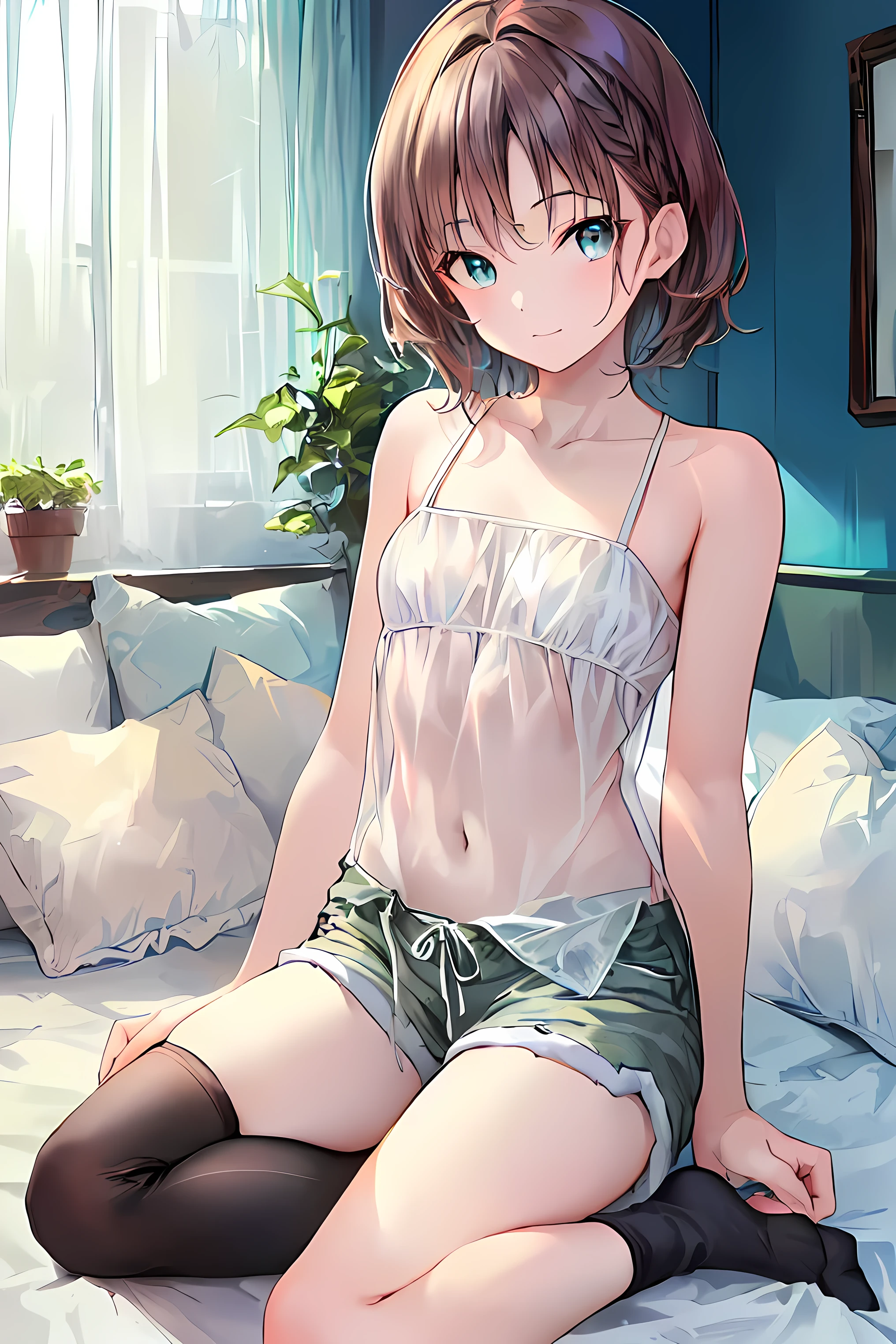 absurdres, RAW photo, extremely delicate and beautiful, masterpiece, Best Quality, ultra high resolution, 32k, hyperrealistic, ultra-detailed, in her 20s, delicate facial features, beautiful detailed girl, tearful mole, earring, medium breasts, full body shot, shorter middle hair, black hair, Joggers Shorts, bare shoulder,
