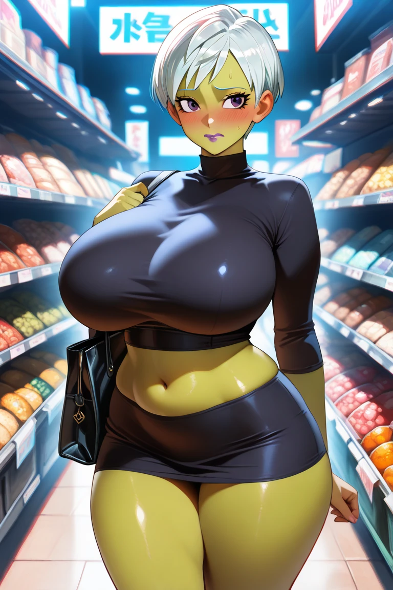 high resolution, extremely detailed CG, unity 8k wallpaper, super detailed skin, perfect anatomy, detailed, cinematic lighting, dynamic lighting, beautiful detailed eyes, (It's photorealistic:1.4), Raw photo, Japanese, (1girl:1.8), (4:1.8), (black short hair:1.8), Black short hair。, Beautiful Eyes, Shy laugh,
Blushing, (Huge breasts:1.3), (Curvy:1.2), (latex:1.2), It shows her whole body, standing, (Bandeau bikini:1.8)、Arms behind back、(conveniencestore:1.4)、