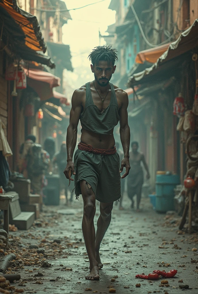 Dystopian future in a Colombian city where AIs win and there are few natural resources left. A 35-year-old Latin American HUMAN MAN, has brown eyes, long and angular face, short black hair, tez morena. He wears a worn-out pajama on his torso and legs that fits him tightly and COVERS HIS SKIN. He has a devastated face and is very thin and his skin is not visible.