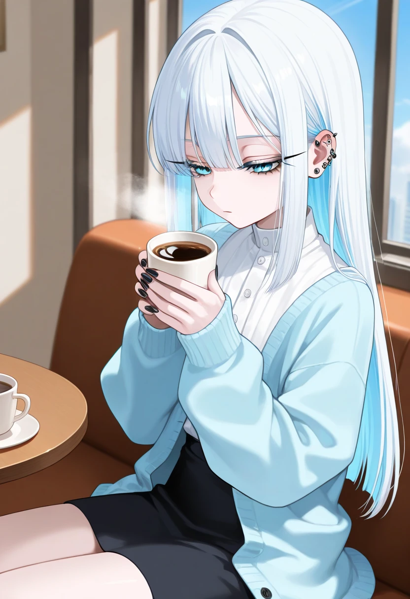 masterpiece, best quality, absurdres, BlackHeart, symbol-shaped pupils, sitting, coffee shop, hoodie, pleated skirt, smile, <lora:BlackHeart:1>