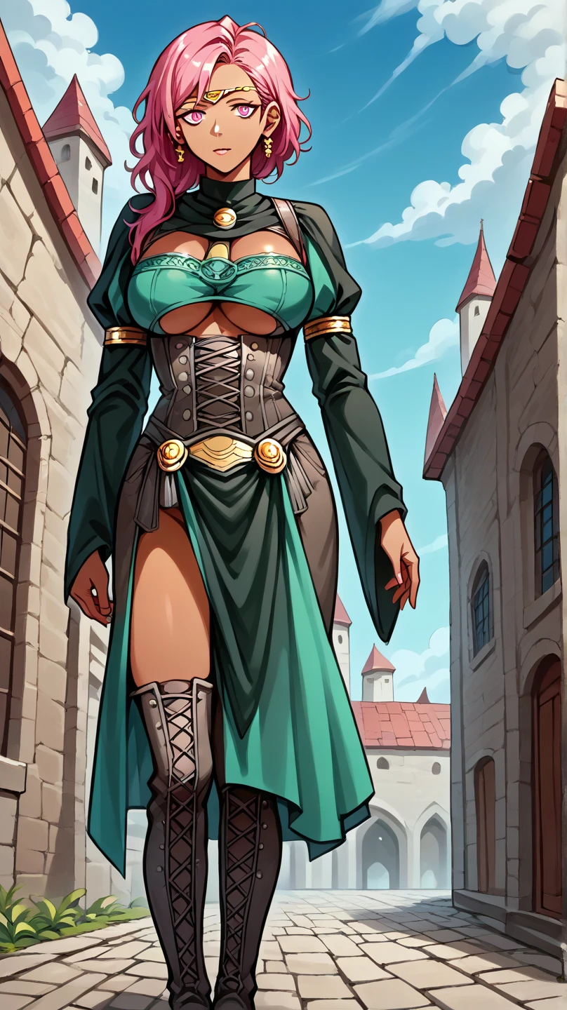 sexy pose, pink hair, (short bangs hair:1.36), detailed yellow eyes, narrow waist, depth of field, 1girl, (on a background:1.3), (full body), big breasts, wide hips, athletic figure, ((thigh cutout)), (((dark skin))), walking,*priestess, pullover, , walking flipflops, long skirt, medieval clothing, solo, floral crow, staff, wizard, full body, flipflops, medieval village, long robo, long skirt, big skirt, pants