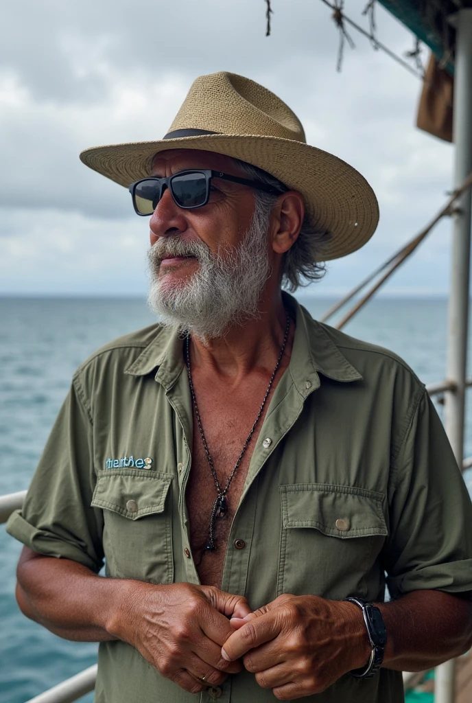 Portrait of a seasoned fisherman, with weathered skin, deep wrinkles, and a piercing gaze. He sports a white beard and a fishermans hat. The background is a softly blurred dock, emphasizing his rugged features under natural light.（natural， alta resolución：1.3）， 1 chica con un cuerpo perfecto， Cara y ojos súper finos.，pelo largo， Camiseta sin mangas de colores aleatorios.：1.2， Jeans cortos， tetas grandes，exponer escote