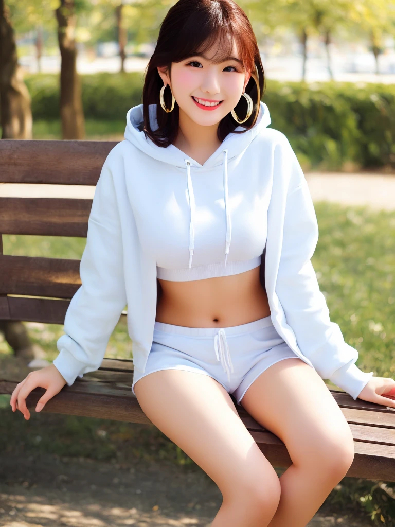 8K Ultra HD, DSLR, soft lighting, high quality, photorealistic, realism, hyperrealism, art photography, 1girl, 20 year old female, wearing a very short crop top hoodie and very short low rise booty shorts , photo of a beautiful and fit figure, her butt hanging out from under her shorts, city street, tousled medium hair, thick body with flab, facing front, cowboy shot, looking at the camera, cute smile, shallow depth of field,