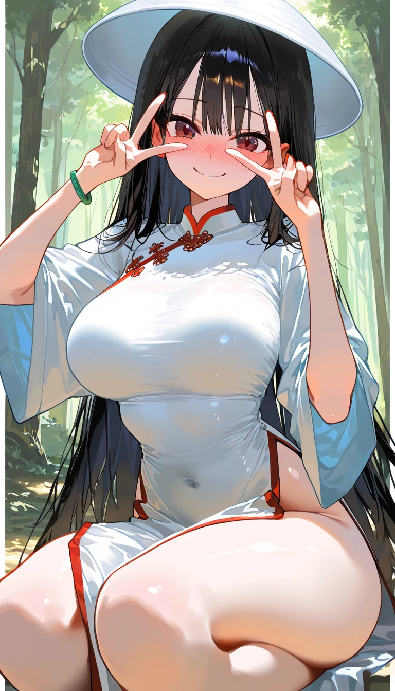 ((1 woman with a towel wrapped around her body)),((wet)),((huge breasts)),((eyes closed, happy, in a forest, blushes, face of astonishment)),((stands foot, hand on breasts, hand on pussy, wet pussy)),((very large pubic hair)),((Black hair)),((facing the viewer, in a forest)),