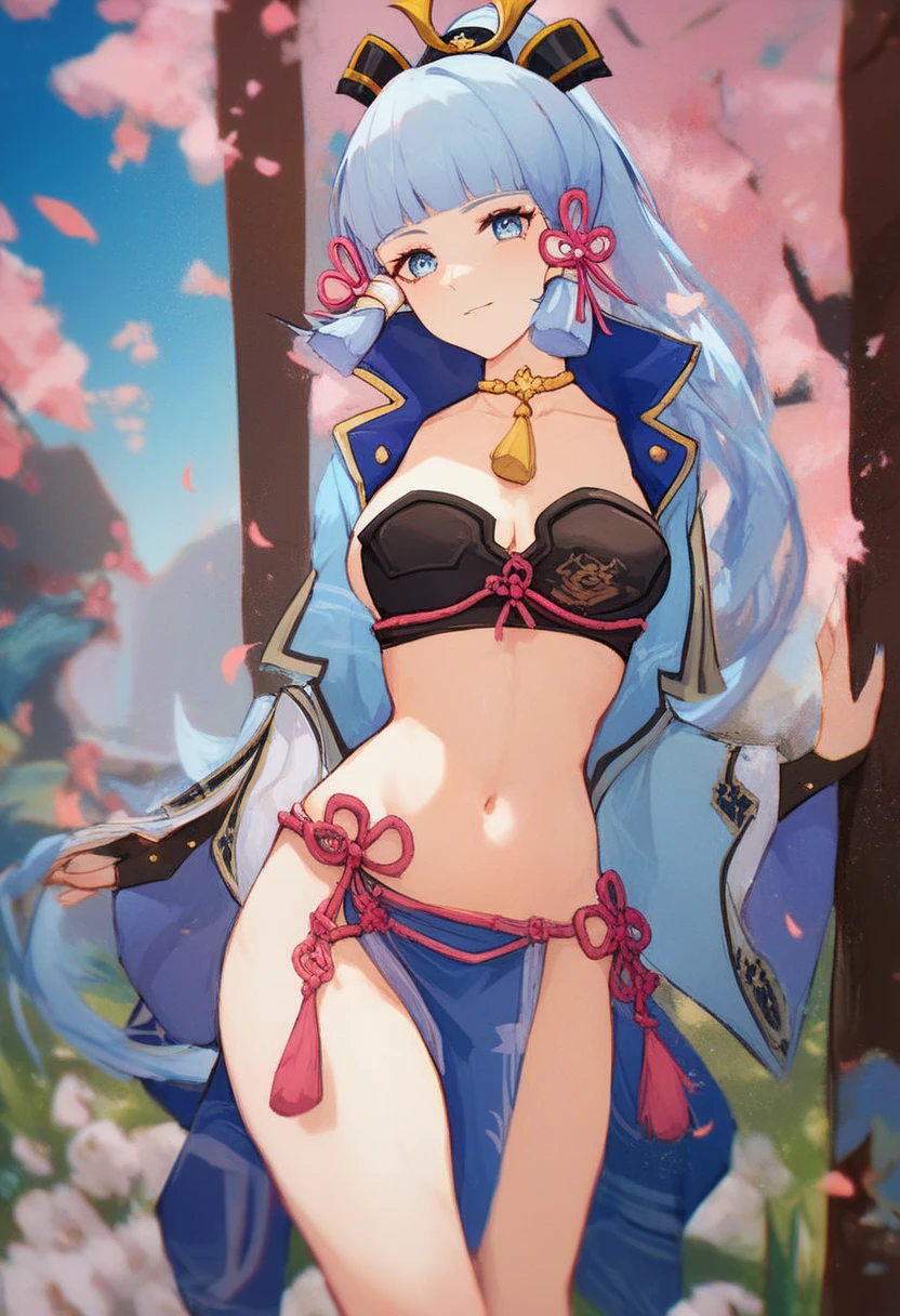 masterpiece,best quality,highres,ultra-detailed,solo,cowboy shot,1girl,medium_breasts,long hair,light blue hair,standing,outdoors,garden,cherry blossom,trees,breast curtains,breasts apart,pelvic curtain,(see-through:1.2),