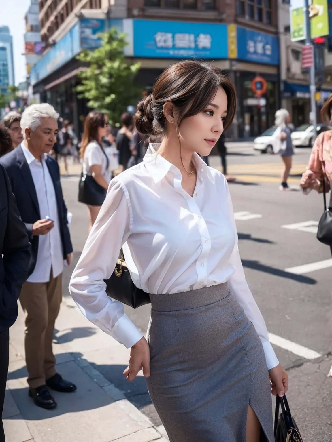 hot mixed white asian girl, business attire, kdrama