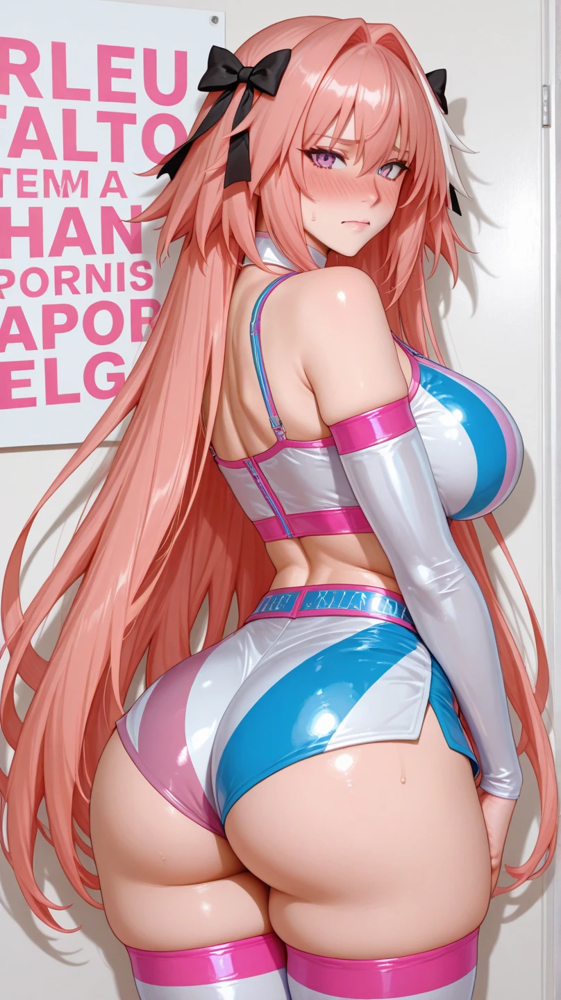 1girl in, (Blue eyes), Smiling,, wide hips, Colossal tits, Big ass, (Best Quality, 8K, masutepiece: 1.3), Clear focus: 1.2, Perfect Body Beauty: 1.4 , Slender Abs: 1.2, Highly detailed face and skin texture, Detailed eyes, Double eyelids, (Blonde long hair), (Pink Latex Pants :1.3), (Tube White),, (At the Shibuya intersection), Background building, Deep in the field、Butt sticking out pose、Erotic Poses、Nasty smile、photographed from the back