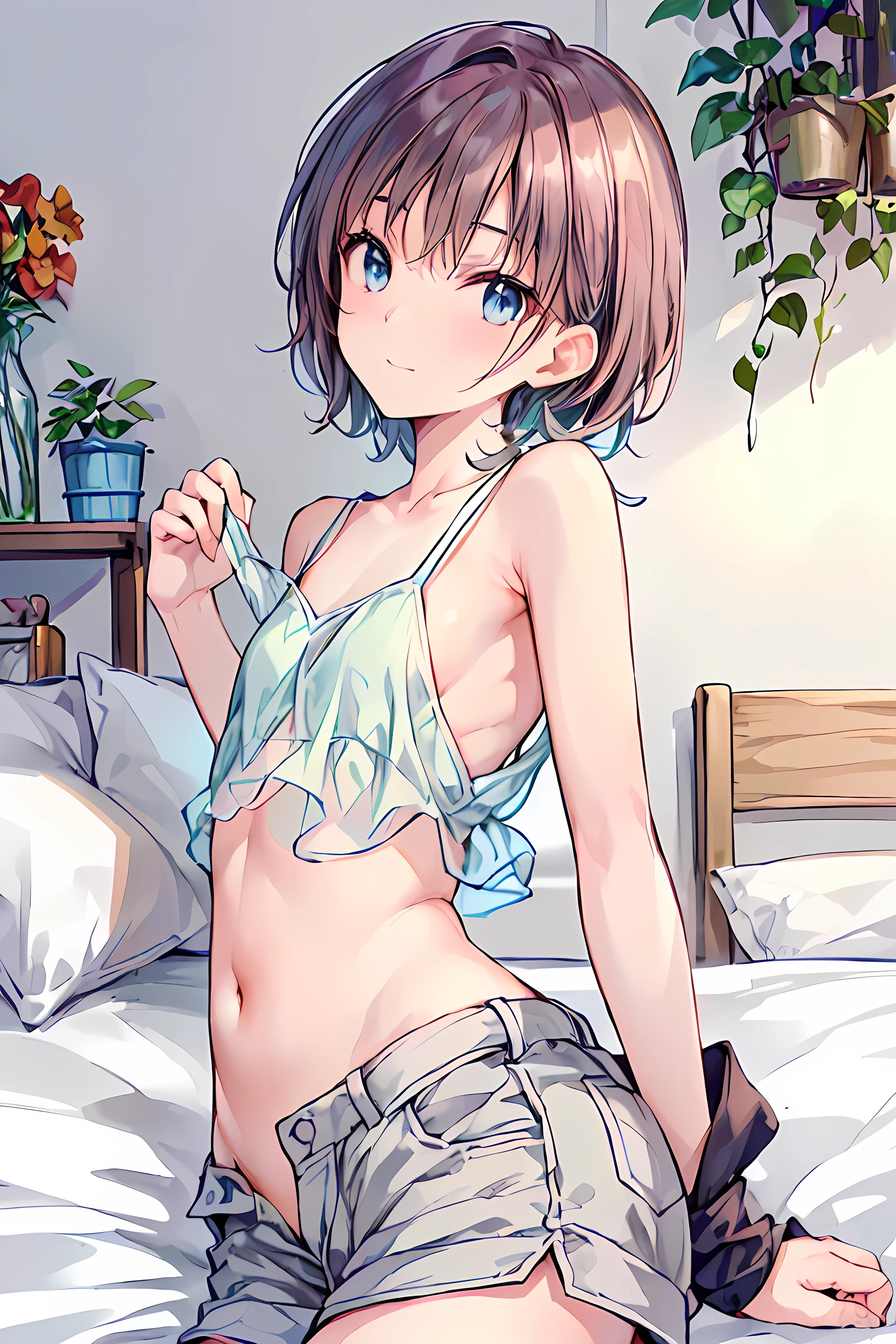 masterpiece, beautiful illustrations, highest quality, pretty girl, 1girl, Bedroom, pastel colour, (two-separated lingerie), cute lingerie, (Spring Green bob cut), bright lighting, sky-blue eyes