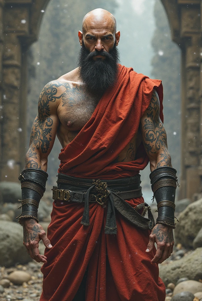 Viking, 34 years, dark-skinned, defined body, claw marks, braided long beard, hammers in their hands and a red dragon in the background