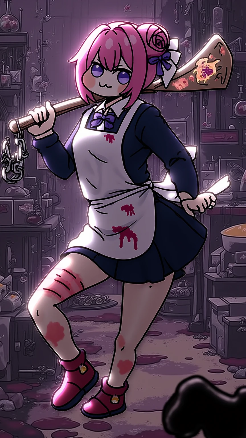 In this captivating oil painting by a modern artist drawing inspiration from the masterful works of Caravaggio yet infusing a unique twist, we find ourselves in an eerily lit, gothic-inspired room. The central figure is a 'Gapmoe Yandere', a seemingly innocent young woman with porcelain skin and vibrant pink hair, adorned in a school uniform with a blood-stained apron, wielding a butcher's knife. Her intense gaze, a mix of love and madness, is fixed on the viewer, as if to draw them into her dark world. The background reveals a grim, dystopian cityscape, with a blood-red moon casting an ominous light, while in the foreground lies a mutilated teddy bear, a chilling symbol of her unhinged psyche. This masterful portrayal of the 'Gapmoe Yandere' in grimdark captures the essence of this enigmatic subculture and its complexities, all within the confines of an exquisitely crafted artwork.