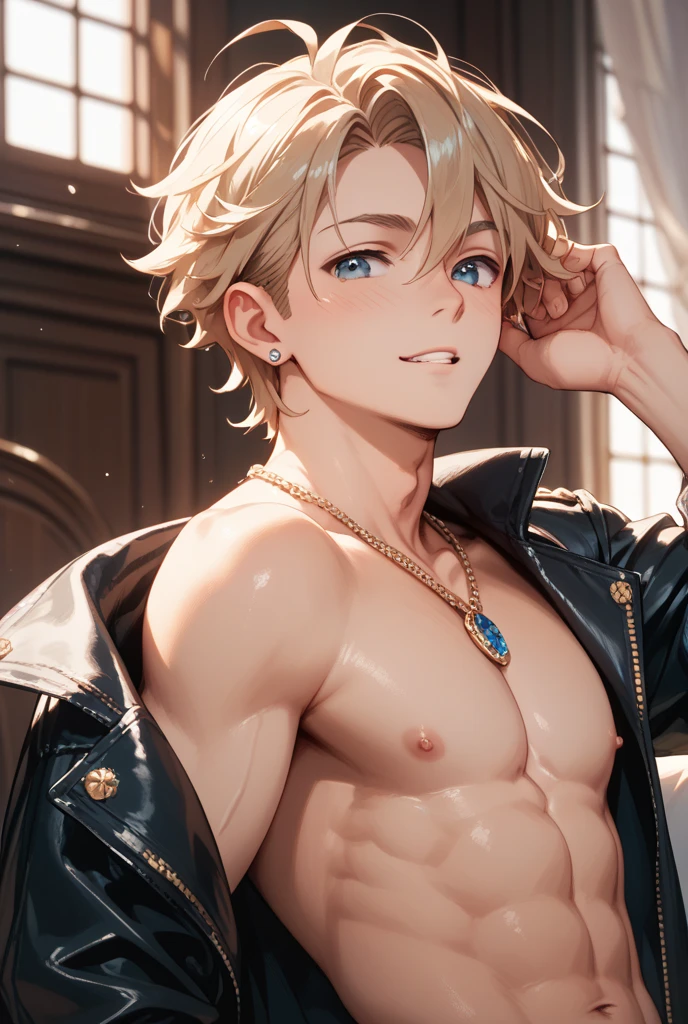 masterpiece, Highest quality, 19 old a boy, gay anime hentai, tall, no underwear, bedroom alone, sexy pose, blushing and smile face, Upper body naked, blonde short hair, black eyes, leather shorts, want sex, prostitute boy, full body, crotch emphasis,