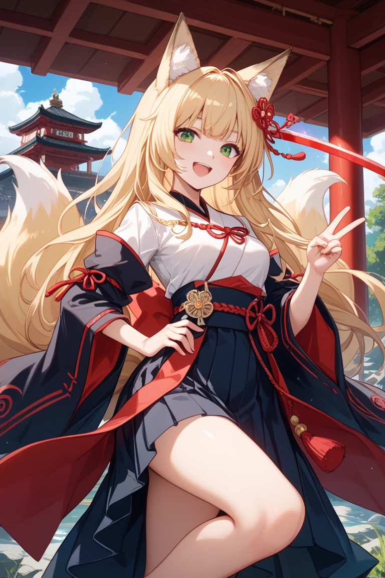 highest quality、Big Breasts、Cleavage、Fox ears、Long blonde、Red Eye、kimono、smile