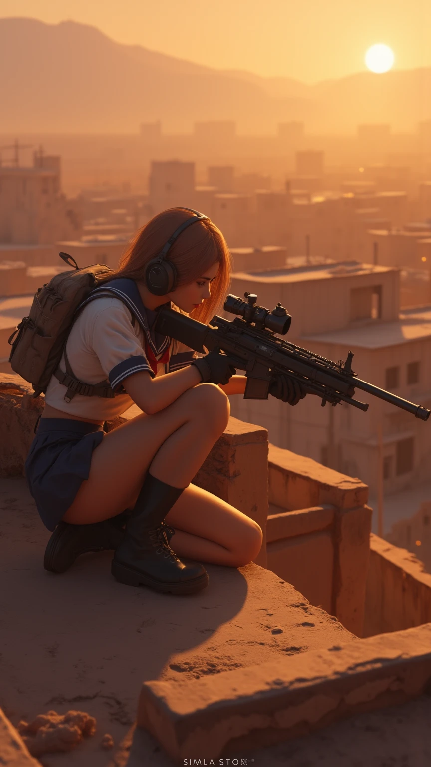 masterpiece, highest quality, (solo focus), side view, (perfect face:1.1), (high detail:1.1), dramatic, 1girl, ((erotic military outfit)), ((cutting edge outfit)), ((earth tone clothes)), skirt, thigh highs, coat tails, peaked cap, kneeling, holding rifle, sniping, aiming gun, solo, ((inguinal ligament)), detailed background, smoldering wasteland, abandoned town, purple embers, near-future, cinematic lighting,