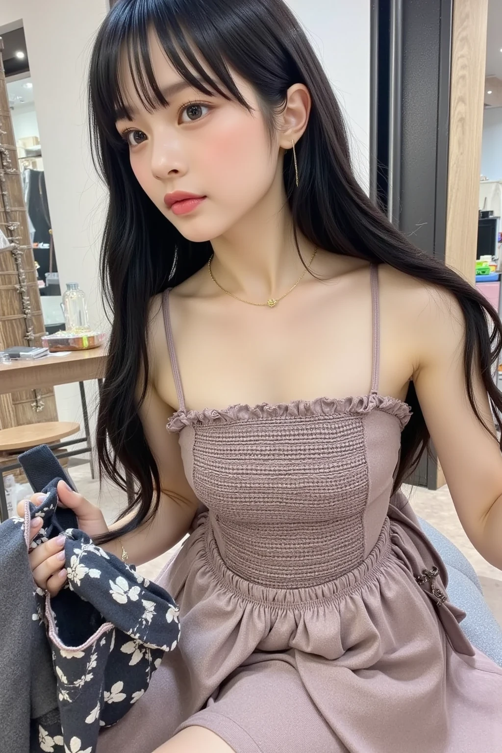((Best Quality, 8K, Masterpiece:1.3)), Focus: 1.2, Perfect Body Beauty: 1.4, Buttocks: 1.2, ((Layered Haircut, Breasts: 1.2)), (Wet Clothes: 1.1), (Rain, Street:1.3), Bandeau Dress: 1.1, Highly Detailed Face and Skin Texture, Fine Eyes, Double Eyelids, Whitening Skin, Long Hair, (Shut Up: 1.3), Smile "Create a high-quality profile picture of a young Latina woman named Bella Rivera. She is 24 years old, with a softer, curvier build and a warm medium-tan complexion. Bella has an oval-shaped face with high cheekbones, almond-shaped dark brown eyes, and thick, well-groomed eyebrows with a natural arch. Her nose is straight with a slight elegant curve, and she has full lips with a natural pink hue. Bella has a bright, warm smile with subtle dimples, and a small beauty mark above her upper lip on the left side. Her long, wavy hair is deep brown with natural highlights.

In this photo, Bella is wearing a casual yet feminine outfit. She is dressed in a flowy, floral-patterned sundress that highlights her curves and enhances her soft build. The dress has a light, pastel color palette and delicate details such as ruffles or lace. She accessorizes with simple, elegant jewelry like small hoop earrings, a delicate necklace, and a couple of bracelets. Her makeup is natural, with a focus on her bright smile and expressive eyes.

Bella should be standing or sitting in a relaxed and comfortable pose, perhaps holding a cup of coffee or a bouquet of flowers, to enhance the casual and feminine vibe. The background should be a softly blurred outdoor setting, like a park or garden, with natural light highlighting her features and outfit."