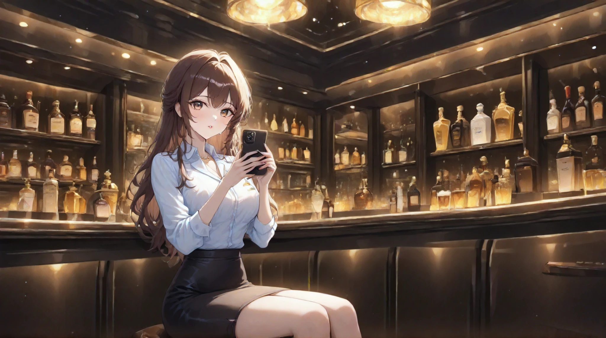 Upper Body,(handling_smart_phone, smart_phone:1.2)、I have a smartphone、
Realistic, real person, (pale skin: 1.2), RAW photo, photorealistic, portrait photography, shiny skin, shiny hair、(Medium Hair) and (red hair) and (red eyes) ,
、blush, smile, The background is the interior of a bar at night.、Alone、
(red) and (off shoulder blouse)