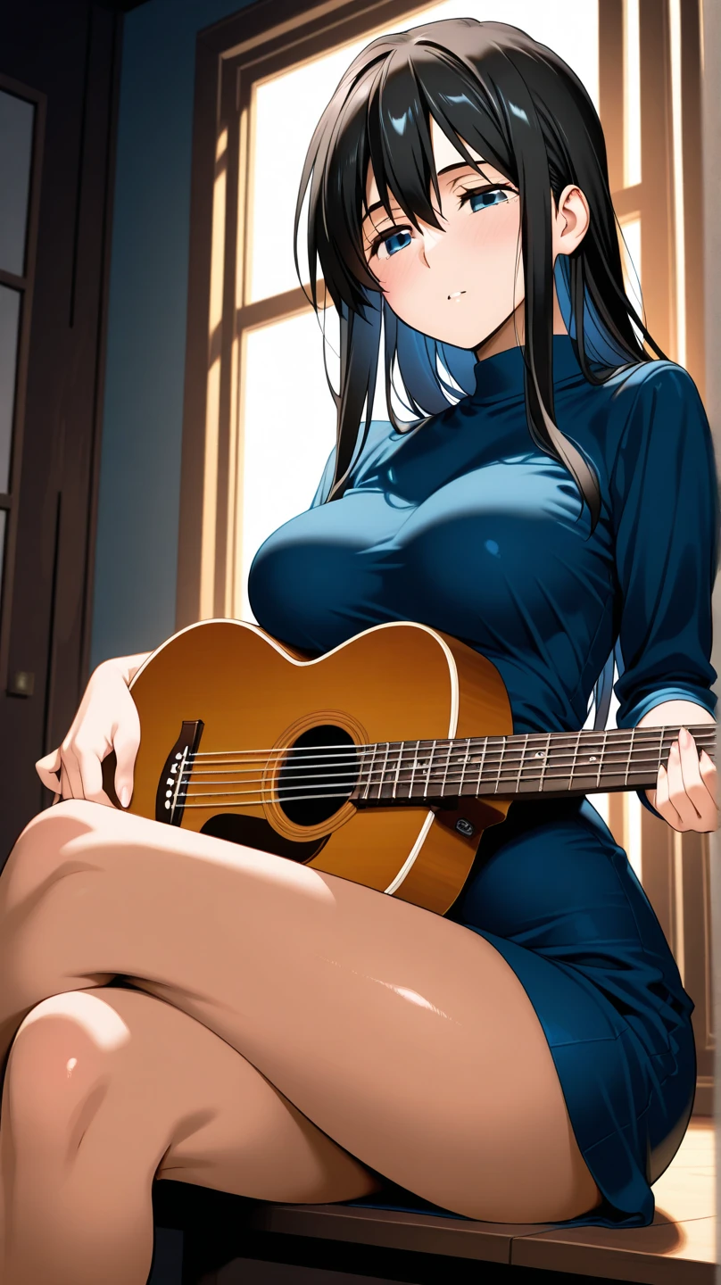 Anime girl with big breast, long hair sitting on the floor with a guitar 