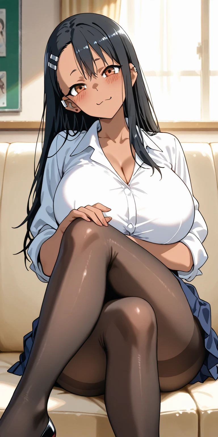 Masterpiece, hi res, absurdres, Best Quality, 4K, detailed, HD,{{Artist:Sincos}},by Sincos ,solo, mature female, age 40, milf, huge breasts, saggy breasts, curvy, chubby, medium length black hair, messy hair, sitting at couch, living room, sweaty, office clothes, cleavage, sweaty ,unbuttoned white blouse, skirt, lifting skirt, showing panties, smiling , prominent lips, spread legs, Open legs