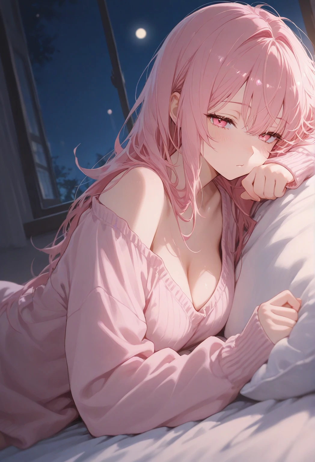 a close up best waifu lay her back on sofa, white shirt, long skirt, long sleeves, pink hair, (full body:0.8), thick red blush on her face, face, seductive facial expression, looking at viewers, pixiv contest winner, best anime artstyle, extremely detailed, beautiful eyes finely detailed, side lighting.
