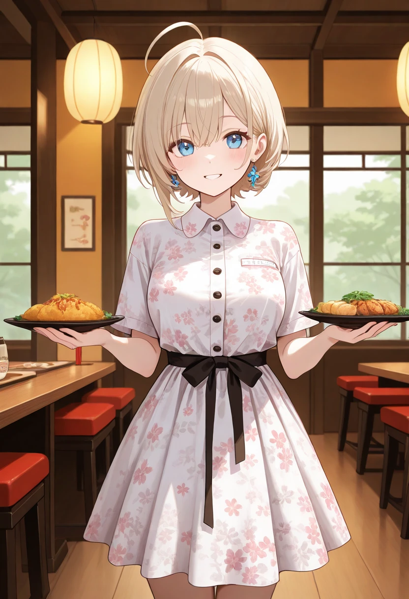 Chisato Nishikigi, short hair, bangs, Blonde, (Red eyes:1.5), hair ribbon, One side up, Bobcut,happy smile, smile, Open your mouth,One-shoulder shirt,mini skirt,black tights,short boots,There is food on the table,トレイ in one hand,Chair,
break outdoors, city,
break looking at viewer, (Cowboy Shot:1.5),
break (masterpiece:1.2), Highest quality, High resolution, unity 8k wallpaper, (figure:0.8), (Beautiful attention to detail:1.6), Highly detailed face, Perfect lighting, Highly detailed CG, (Perfect hands, Perfect Anatomy),