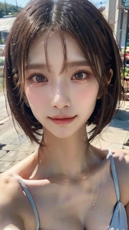 One Girl,Very cute girl at 16 years old,Big eyes:0.5,The face is facing straight ahead,Body facing forward,Beautiful nose,Fuller lips,Short black hair,ponytail,Detailed eyelashes,Thin eyebrows,Symmetrical eyes,Face close-up,White swimsuit,Portrait,View Viewer, half smile:0.5,