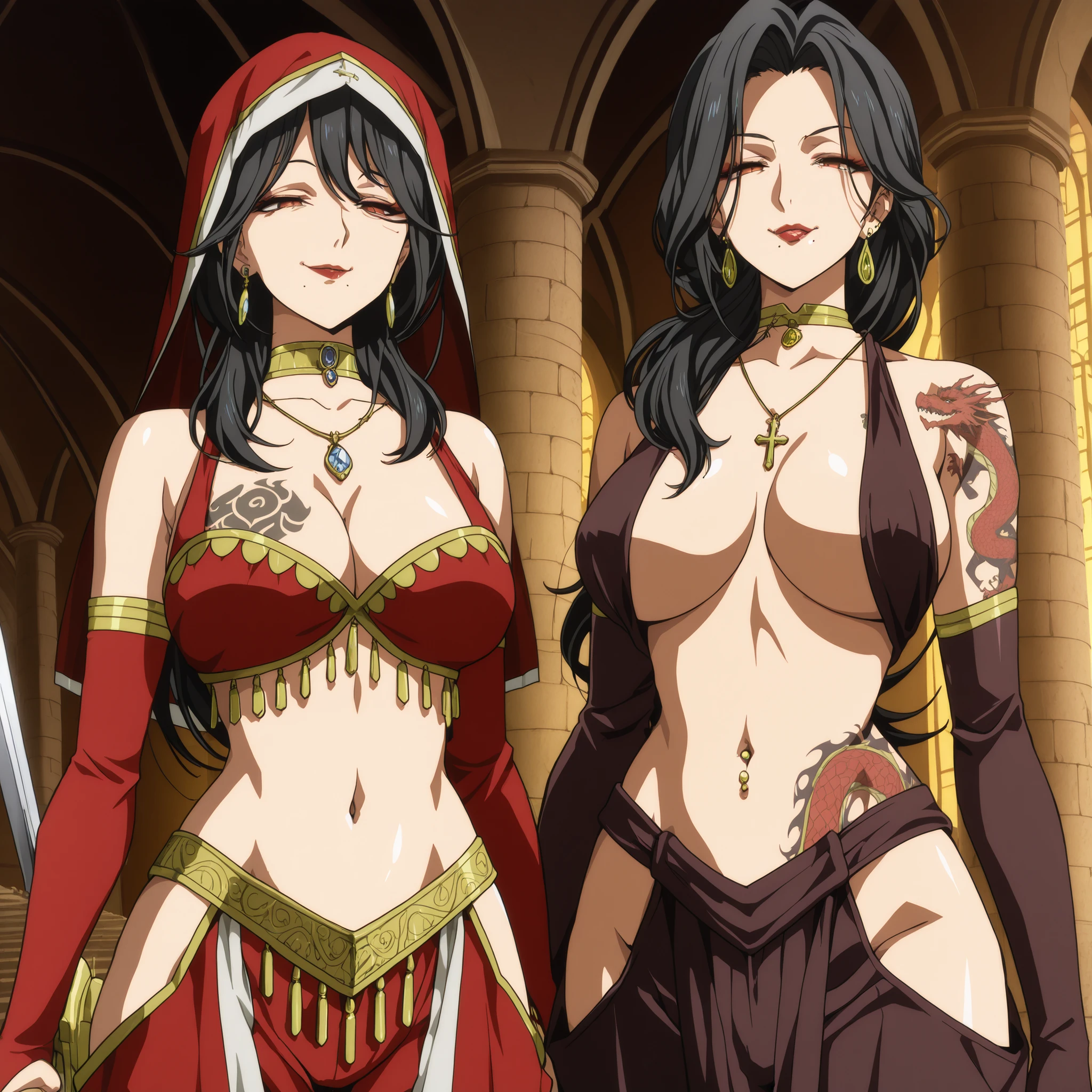 2girl, two girl, long hair, masterpiece, best quality, highly detailed ,glint,halterneck,gold_choker, complex detailed background,
inside, stone wall, ancient interior, ancient egyptian room, hieroglyphs, dark lighting, dark
atmosphere, (cowboy shot), holding a sword, sword, belly_chain,harem_outfit,navel, necklace,
pelvic_curtain,revealing_clothes, veil,masterpiece,best quality,1girl,mature,evil smile, smile,
female,mature,necklace,pendant, (nsfw) not safe for work, exposed belly, exposed navel, exposed
midriff, exposed lower belly