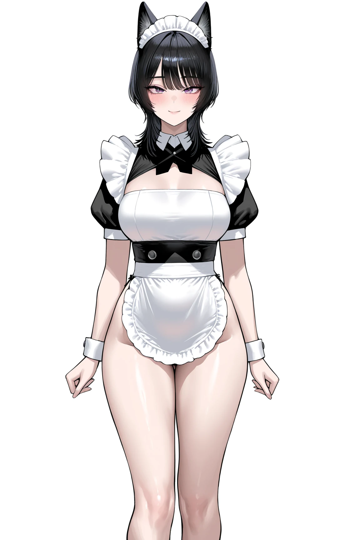 A girl, E-girl, alternative girl, childish face, small, short, low height, she has an unrealistic slender bulky body, unrealistic body, , extremely giant and voluminous breasts, extremely giant and voluminous breasts, extremely thick and voluminous thighs, fat thighs, toned hips, extremely wide and voluminous hips, , thin waist, big, voluminous hairl, she has long, wavy black hair with purple highlights , yellow eyes, she is wearing a maid outfit that has a large, revealing neckline and a very short skirt, cute, cute face, she is wearing fishnet stockings , top view of it