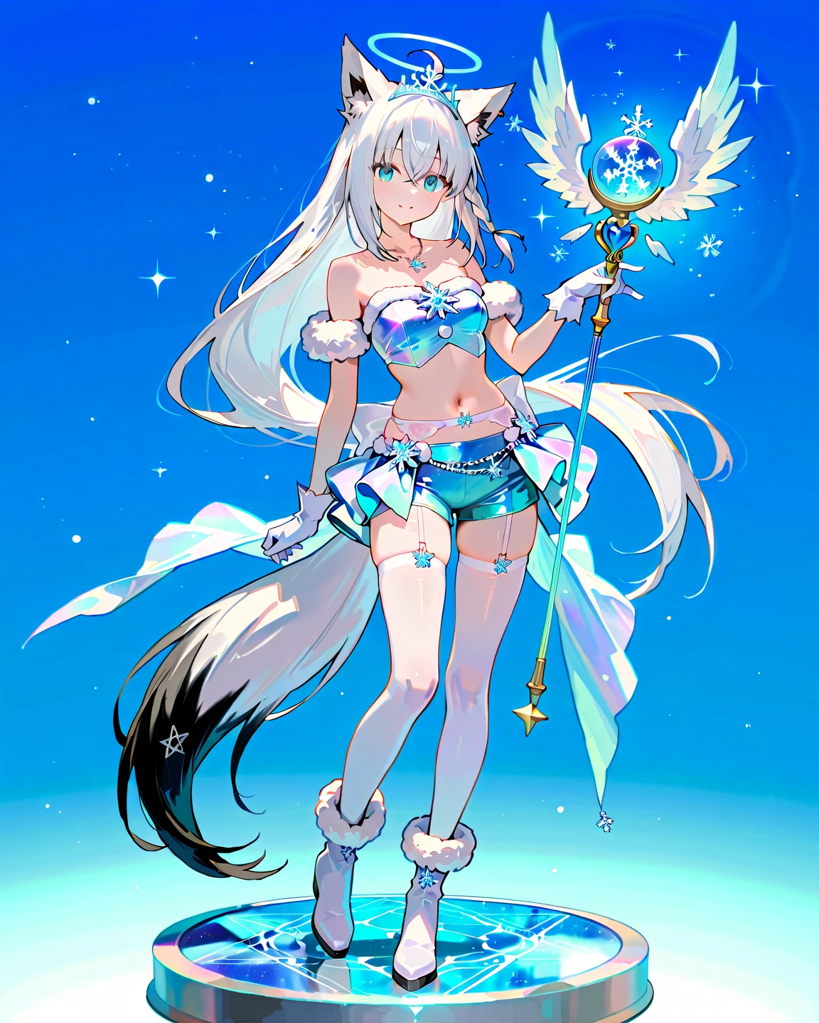(hyper extreme detailed,masterpiece,best quality:1.2),(watercolor:1.1),dynamic angle,floating,beautiful detailed glow,1girl,solo,sfw,white long hair and fox ears,red eyes,bangs,parted bangs,eyes visible through hair,sidelocks,hair intakes,small breasts,veil,bare shoulders,navel,starry sky,desert,floating sand flow,colorful bubble