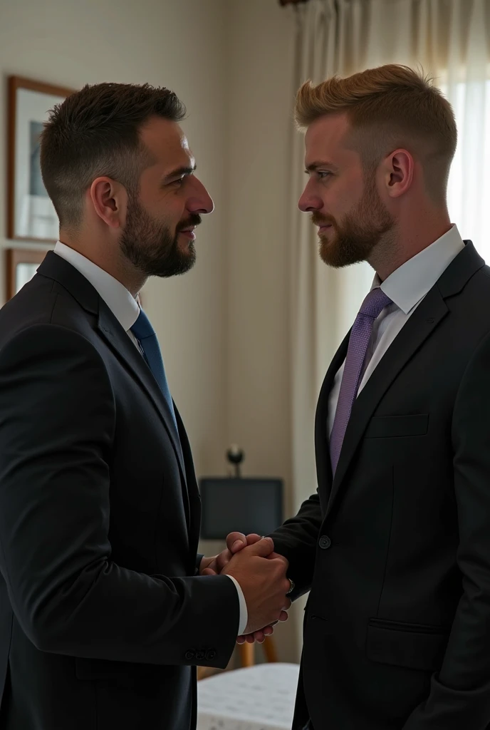 2 men surrounded by lots of old men , one old 60's year old with a gray beard in a suit looking down , the other man is very hairy and naked and erect   and being groped   and muscular and embarrassed andbig beard and short hair and bound completely in heavy big chains, in an conference room surrounded by old men, perfect  anatomy 